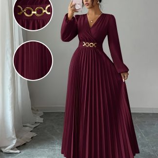 فستان نسائي أنيق بياقة على شكل حرف V، مكشكش، بأكمام طويلة، مزين بإبزيم معدني كلاسيكي وتقليم حافة، مناسب للارتداء اليومي، والتنقلات، والإجازات، والترفيه، وأزياء حفلات السهرة، سهل العناية به